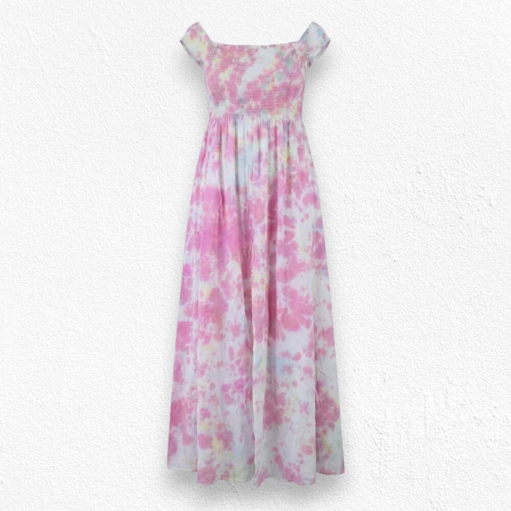 Area Stars Kaia Pink Tie Dye Smocked Off Shoulder Maxi Dress Size Small NWT